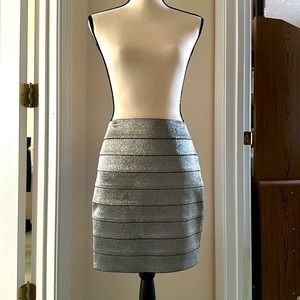 Silver metallic straight pencil skirt; 18” long